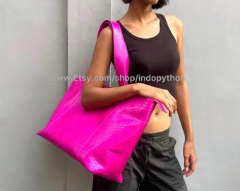 Hot Pink Python Tote Bag, Genuine Snakeskin Shoulder Handbag, Large Pink Leather Purse, Oversized Luxury Everyday Work Tote, Zipper Bag