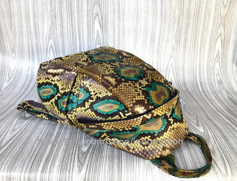 Peut inclure: Un sac &agrave; dos en cuir de serpent brun et vert avec une fermeture &eacute;clair et une poign&eacute;e sup&eacute;rieure. Le sac &agrave; dos a un motif unique et est fait de cuir v&eacute;ritable.