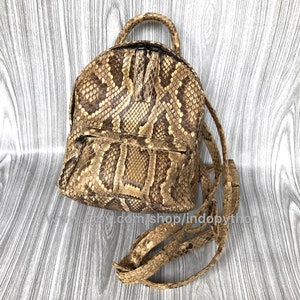May include: A brown and tan snakeskin backpack with a top handle and adjustable straps. The bag has a front zippered pocket and a small loop for hanging. The snakeskin pattern is visible across the entire bag.