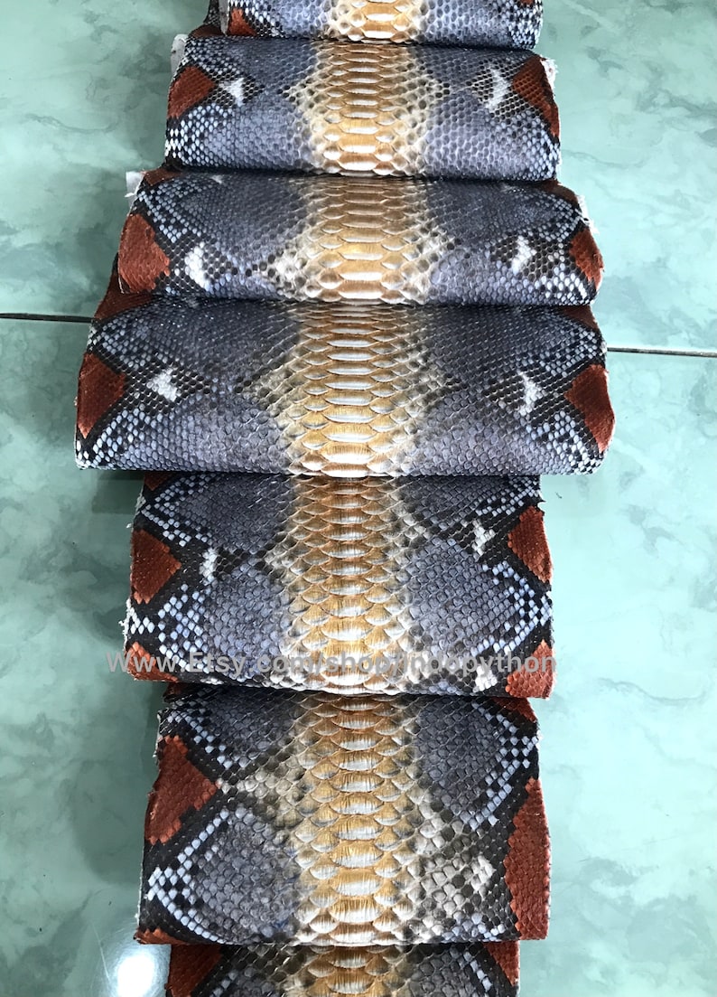 May include: Several rolls of python leather, displaying a natural pattern of grey, brown, and tan scales. The leather has a textured appearance, with a repeating pattern. The edges are a darker brown.