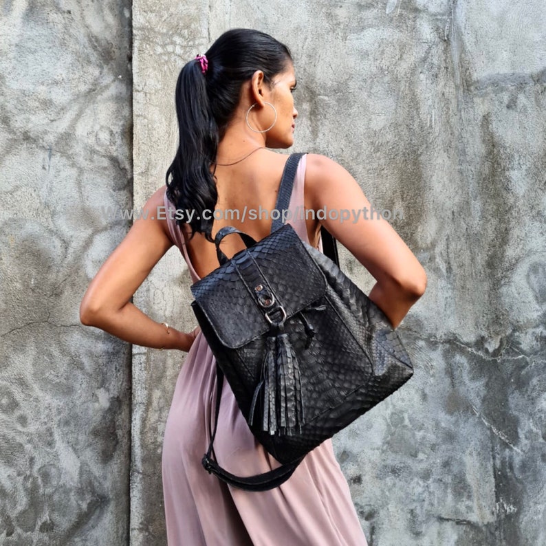 Handmade Black Python Leather Backpack: Snakeskin Rucksack image 3
