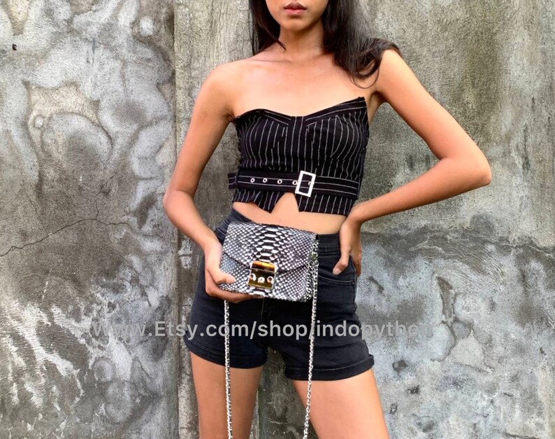 May include: A black and white striped strapless top with a belt and a black and white snakeskin patterned purse with a gold clasp.