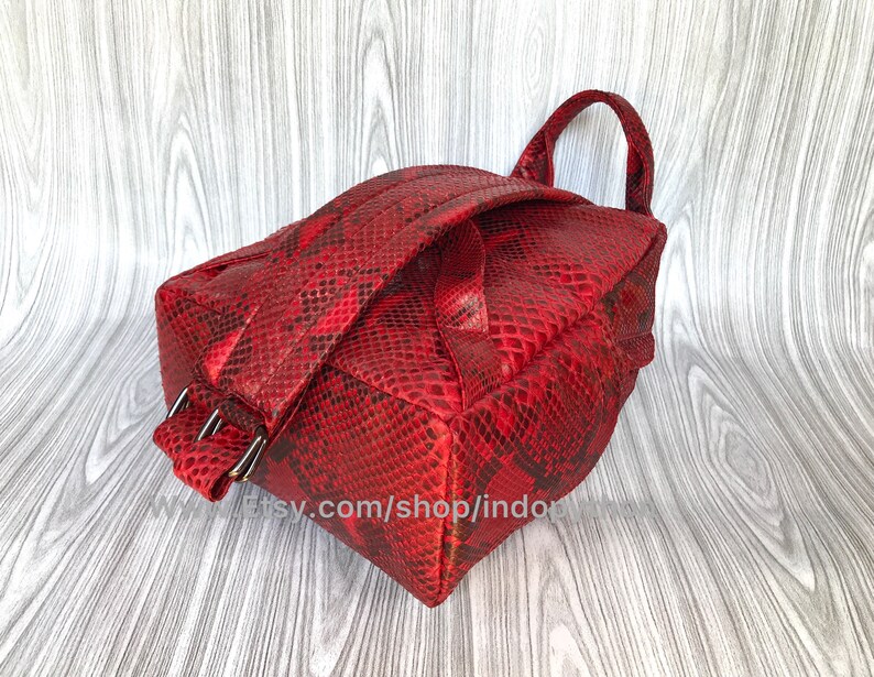May include: A red snakeskin backpack with adjustable straps. The bag has a flap closure and a small pocket on the front.