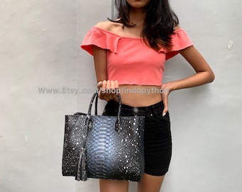 Handmade Black Python Leather Tote Bag: Detachable Strap