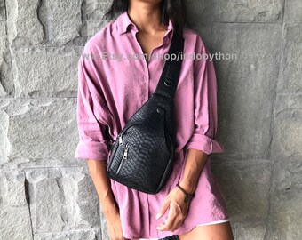 Handmade Black Snakeskin Sling Bag: Genuine Python Leather