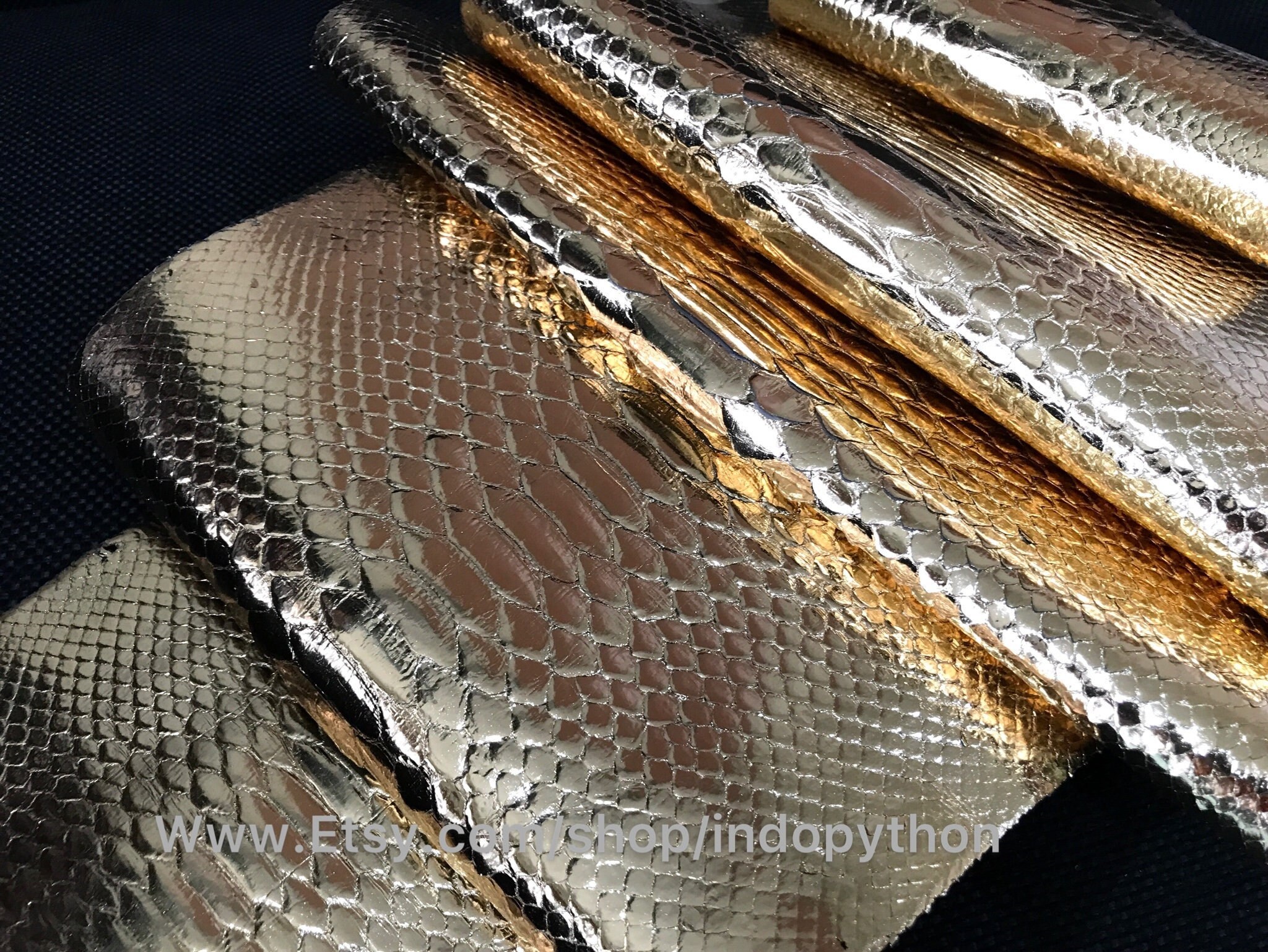 Genuine Python Leather, Exotic Snake Skin, Black Leather,Black and Gold  Leather