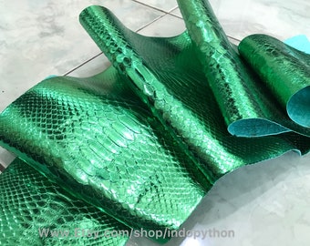Metallic Green Python Leather Hide: Genuine Snakeskin