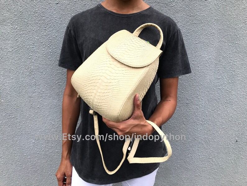 May include: A small, off-white leather backpack with a flap closure and a top handle. The backpack is made of python skin and has a textured surface.