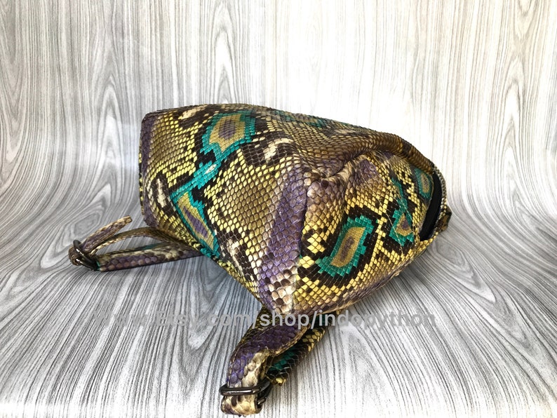 Peut inclure: Un petit sac &agrave; dos en cuir de serpent brun, vert et violet avec une fermeture &eacute;clair. Le sac &agrave; dos a une sangle qui passe par-dessus l'&eacute;paule.