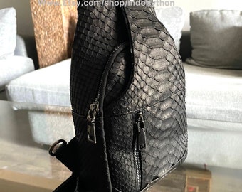 Handmade Black Python Sling Bag: Genuine Snakeskin Leather