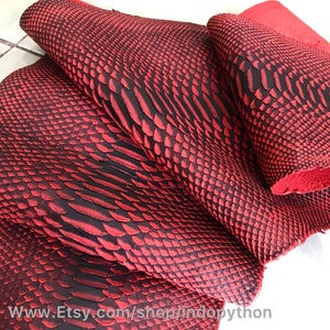 Op de afbeelding: Rode pythonskin met een zwart en rood patroon. De huid is dubbelgevouwen en de schubben zijn zichtbaar.