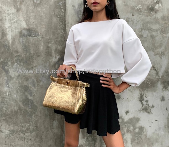 Handmade Gold Python Leather Bag: Detachable Strap