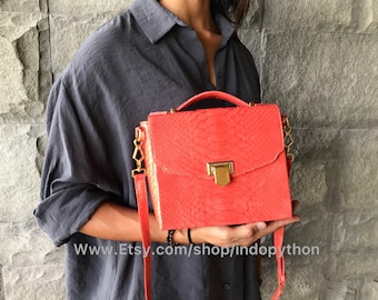 Handmade Python Leather Shoulder Bag: Salmon Orange Snakeskin Purse