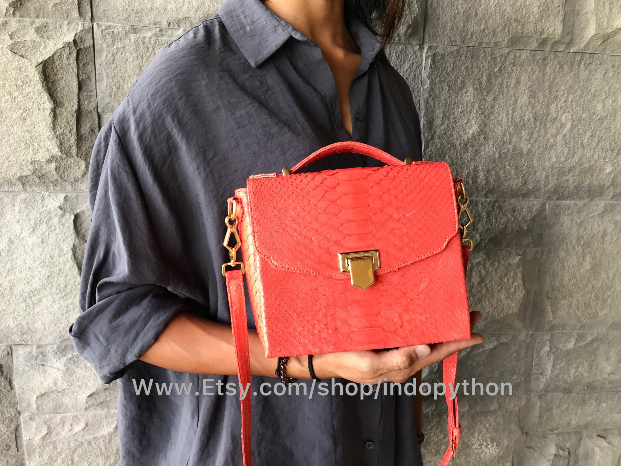バッグ y2k Japan python leather shoulder bag Handmade Python Leather Shoulder Bag: Salmon Orange Snakeskin