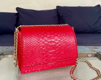 Handmade Red Python Leather Shoulder Bag