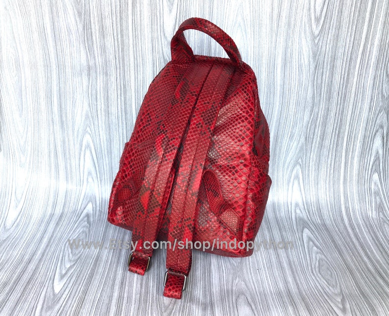 May include: Red snakeskin leather backpack with adjustable straps. The backpack has a small, compact design.