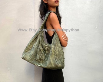 Sac hobo en cuir de python fait main : sac à main en peau de serpent kaki