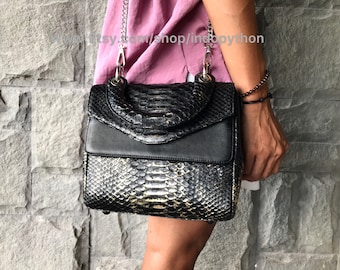 Genuine Python Leather Handbag: Black & Gold Snakeskin Purse
