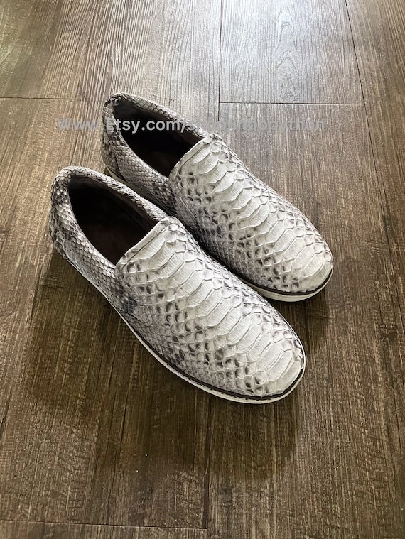 Genuine Python Leather Sneakers - Handmade Snakeskin Slip On Shoes - Luxury Exotic Leather Loafers Unisex - Custom Size Grey Scale Sneakers