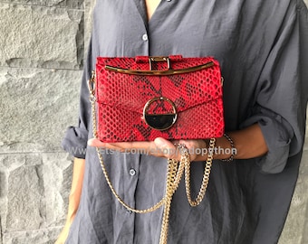 Handmade Red Python Leather Shoulder Bag with Detachable Chain