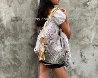 Handmade Python Hobo Bag: Black & White Snakeskin Leather, Gold Detail