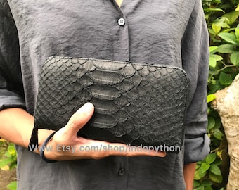 Echte Python-Leder Brieftasche Schwarz Reißverschluss Clutch Handgefertigte Schlangenleder Geldbörse Große Schuppen Luxus Lange Kartenhalter Handytasche