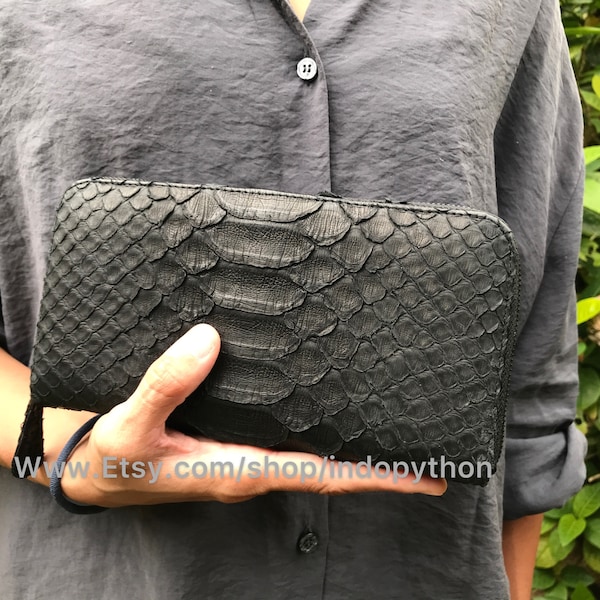 Handmade Black Python Leather Zip-Around Wallet