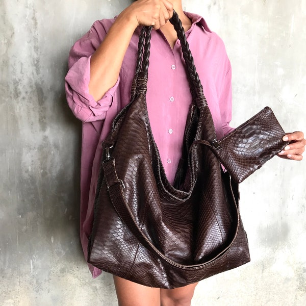 Handmade Python Leather Handbag: Brown Snakeskin Bag with Pouch