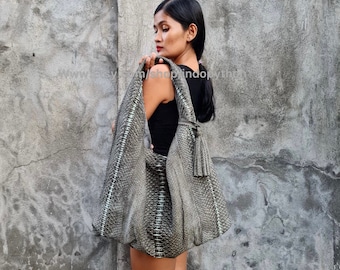 Gray Python Leather Hobo Bag: Handmade Snakeskin Purse