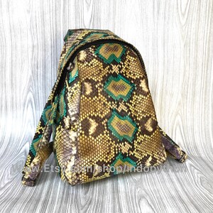 Peut inclure: Un petit sac &agrave; dos en cuir de serpent brun et vert avec une fermeture &eacute;clair. Le sac &agrave; dos a un motif textur&eacute; unique.