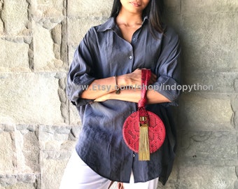 Handmade Red Python Leather Wrist Bag: Circle Evening Purse