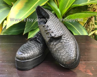 Handmade Python Leather Sneakers: Unisex Black Snakeskin Shoes
