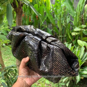 K&ouml;nnte beinhalten: Eine schwarze Clutch aus Pythonleder mit goldenen Akzenten und einer strukturierten, schuppigen Oberfl&auml;che. Die Clutch ist gefaltet und wird in einer Hand gehalten.