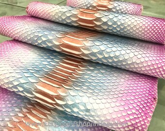Véritable peau de serpent en python : cuir multicolore bleu et rose