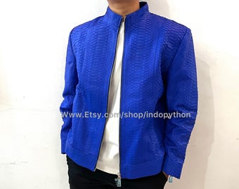 Handmade Python Leather Moto Jacket - Royal Blue Snakeskin Blazer