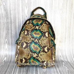 Peut inclure: Un petit sac &agrave; dos en cuir de serpent vert et marron avec une fermeture &eacute;clair.