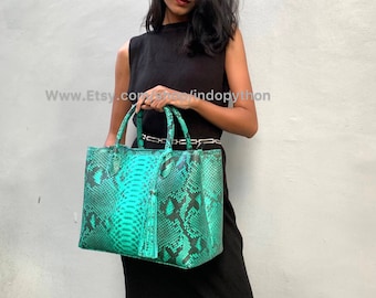 Handmade Green Python Leather Tote Bag: Zip Top Snakeskin Handbag