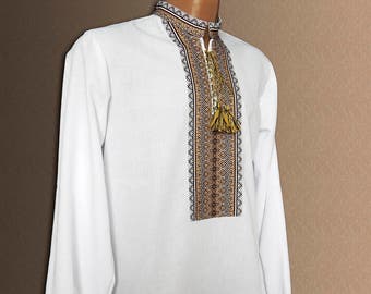 Vyshyvanka shirt for men, white cotton folk shirt with Ukrainian ornament