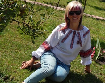 Ukrainian blouse vyshyvanka, woman's clothing, ethnic cotton long sleeves blouse, office look style, Made in Ukraine