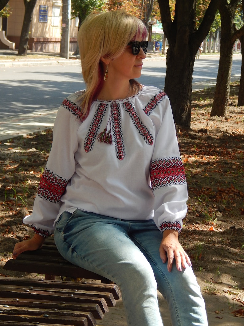 Ethnic cotton long sleeves blouse Ukrainian blouse Vyshyvanka Office look style Womans embroidered clothing Made in Ukraine