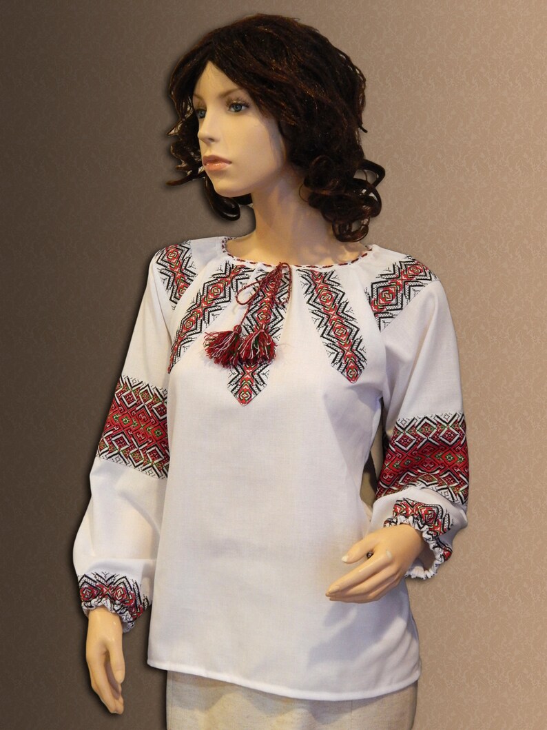 Ethnic cotton long sleeves blouse Ukrainian blouse Vyshyvanka Office look style Womans embroidered clothing Made in Ukraine