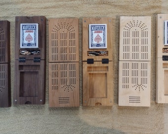 4 track Folding Travel Cribbage board 4.5 x 13 inches. Walnut, Maple or Cherry. Includes 12 pegs and a deck of cards. FREE SHIPPING