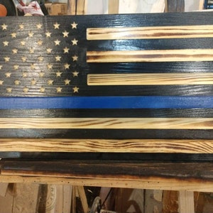 Thin Blue Line Challenge Coin Holder, Badge in Union Option, Police Wooden Flag 13 x 23, 3 coin slots. Rustic, Check For In Stock Ready ship