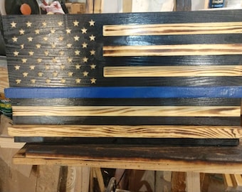 Thin Blue Line Challenge Coin Holder, Badge in Union Option, Police Wooden Flag 13 x 23, 3 coin slots. Rustic, Check For In Stock Ready ship