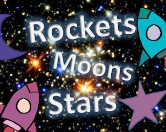 Rockets, Moons and STARS!  Hand drawn, vibrant .png art with transparent backgrounds!