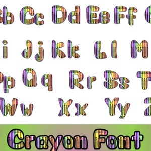以下が含まれることがあります： クレヨン画像でできたカラフルなアルファベットフォント。各文字は、パターン状に配置された複数のクレヨンで構成されています。文字は大文字と小文字です。画像の下部に「Crayon Font」というテキストがあります。