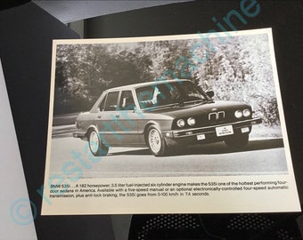Pair of BMW E28 535i 535is Genuine 1980s Original 8x10 glossy gelatin silver photo PLUS 4 page media  text - NOS
