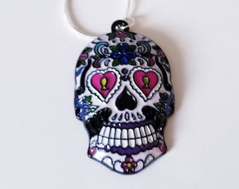 Sugar Skull Day of the Dead Chunky Enamel Pendant Silver Necklace
