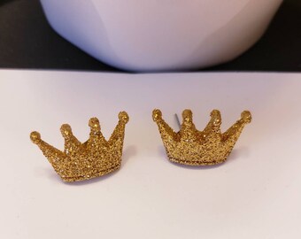 Sparkle Gold Crown Stud Earrings
