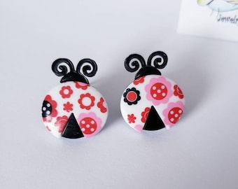 Floral Patterned Ladybug Stud Earrings